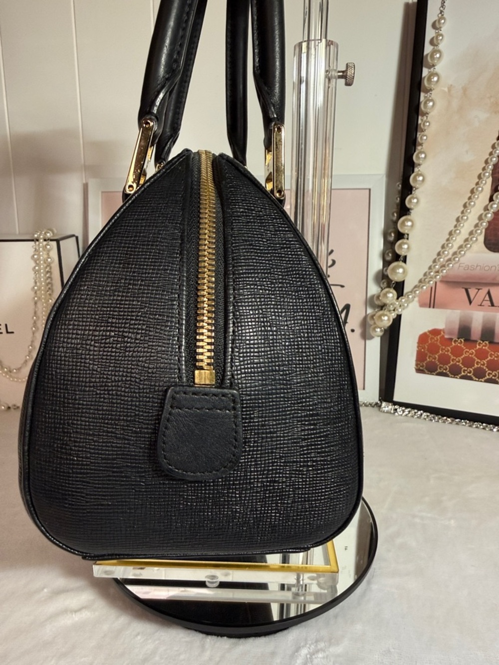 MCM Vintage Black Leather Boston Satchel Barrel Bag Made in Korea Authentic - Picture 3 of 17